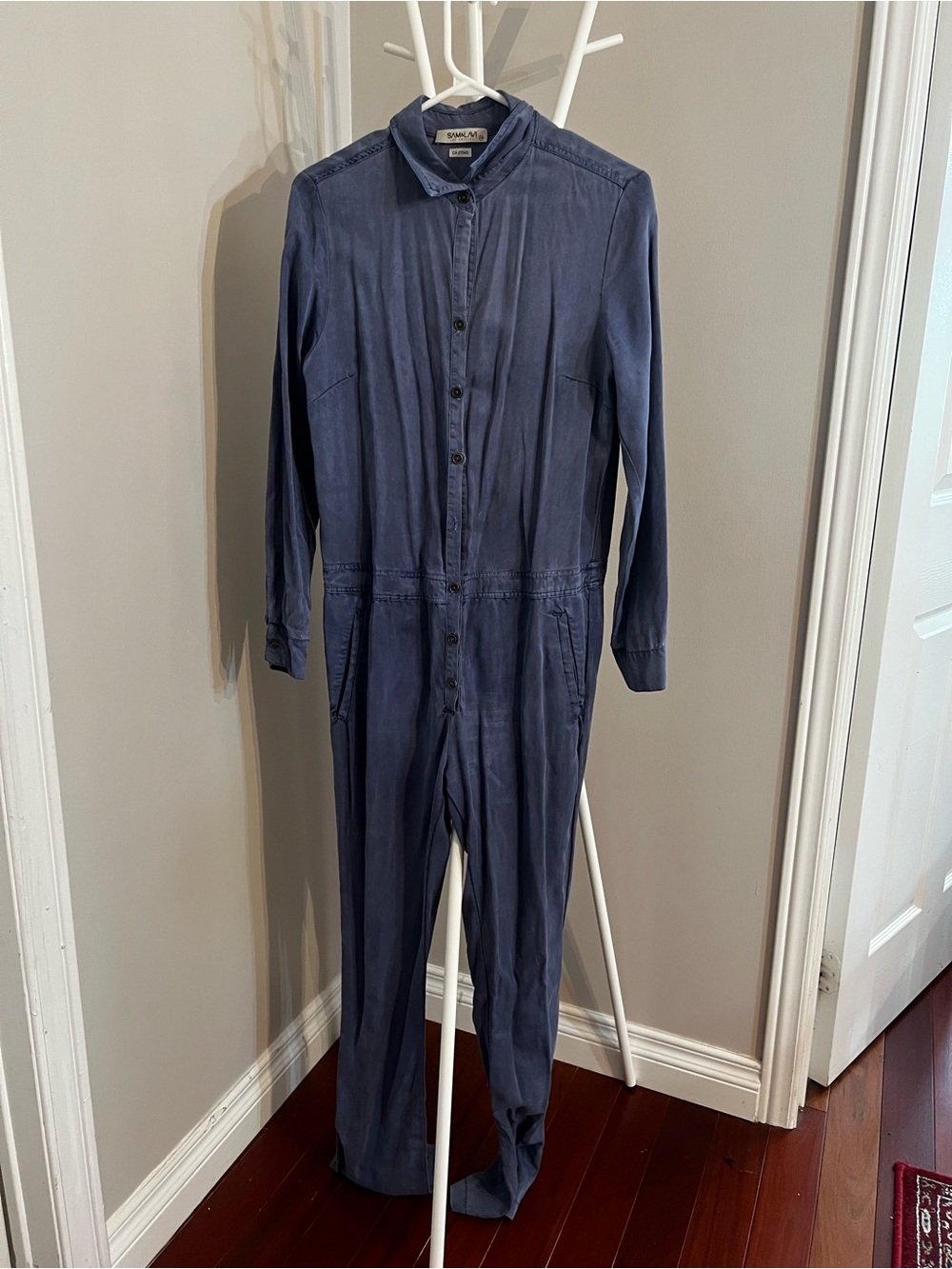 Denim Button-Front Long-Sleeve Jumpsuit - Picture 2 of 10